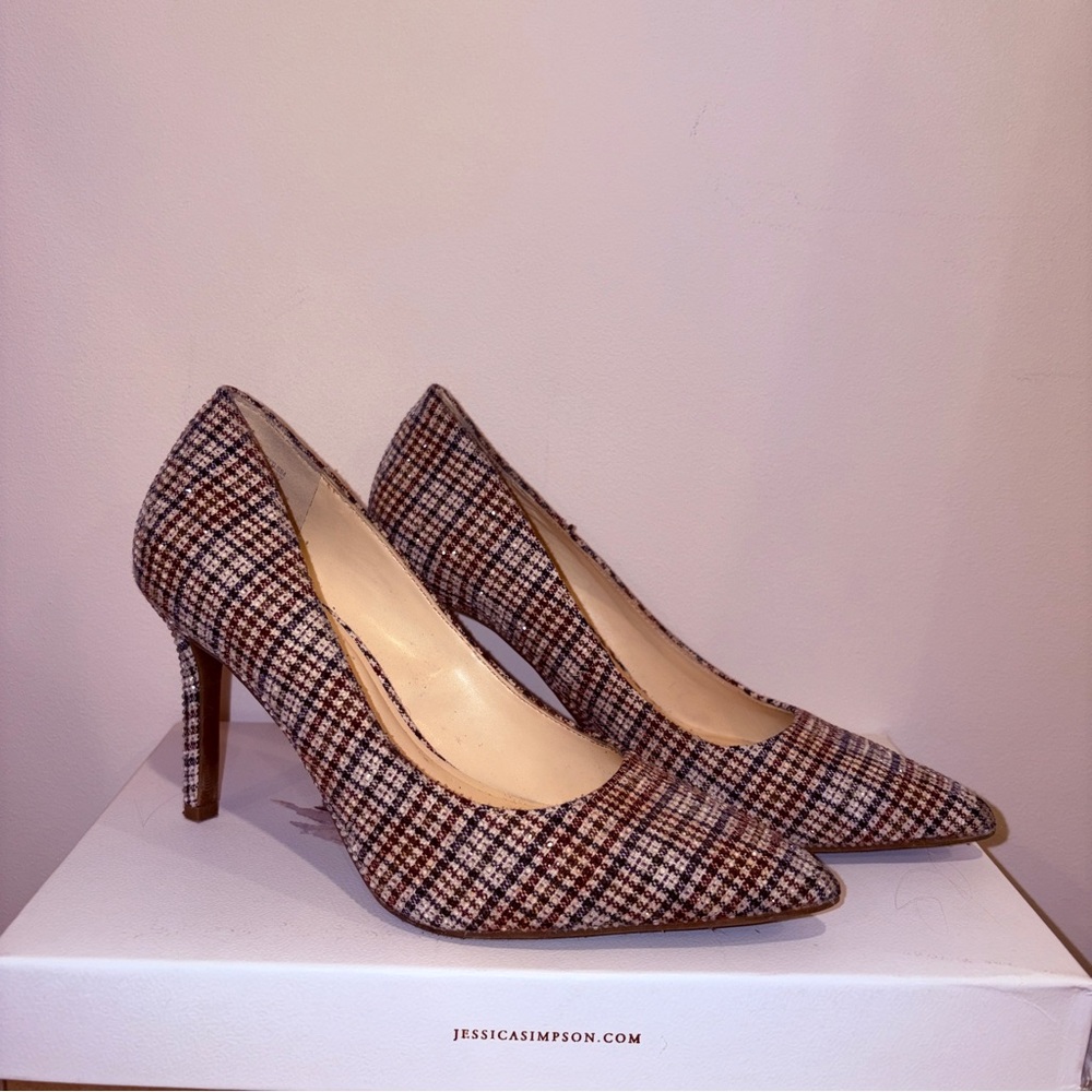 Jessica Simpson Sparkle Plaid Pointed-Toe High Heels - Red/Navy Plaid